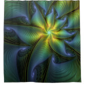 抽象芸術星、光沢のある青の緑の黄金のフラクタル・アート シャワーカーテン (正面)