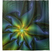 抽象芸術星、光沢のある青の緑の黄金のフラクタル・アート シャワーカーテン (正面)