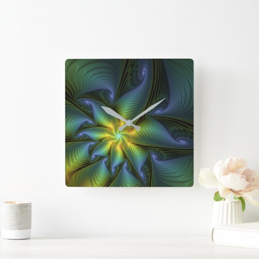 抽象芸術星、光沢のある青の緑の黄金のフラクタル・アート スクエア壁時計 (ホーム)