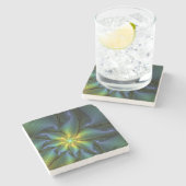 抽象芸術星、光沢のある青の緑の黄金のフラクタル・アート ストーンコースター (横)