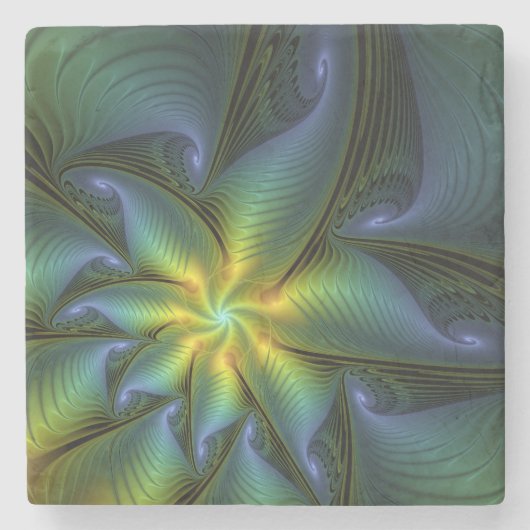 抽象芸術星、光沢のある青の緑の黄金のフラクタル・アート ストーンコースター (正面)