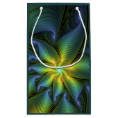 抽象芸術星、光沢のある青の緑の黄金のフラクタル・アート スモールペーパーバッグ (裏面)