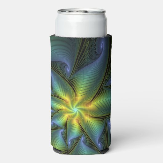 抽象芸術星、光沢のある青の緑の黄金のフラクタル・アート スリム缶クーラー (Seltzer裏面)