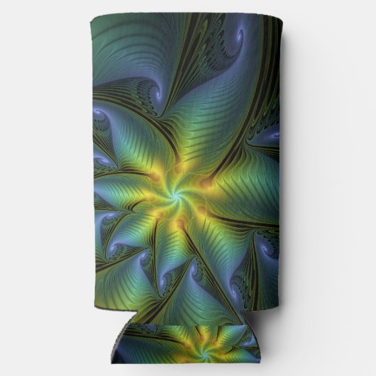 抽象芸術星、光沢のある青の緑の黄金のフラクタル・アート スリム缶クーラー (裏面)
