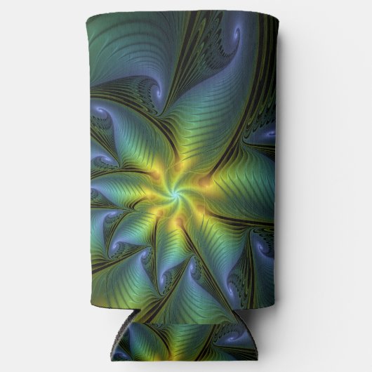抽象芸術星、光沢のある青の緑の黄金のフラクタル・アート スリム缶クーラー (正面)
