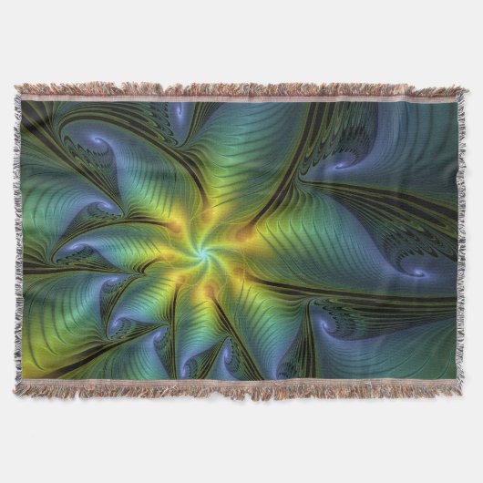 抽象芸術星、光沢のある青の緑の黄金のフラクタル・アート スローブランケット (正面)