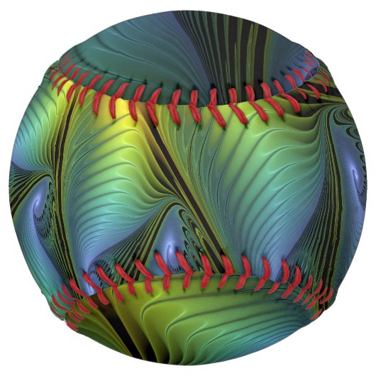 抽象芸術星、光沢のある青の緑の黄金のフラクタル・アート ソフトボール (正面)