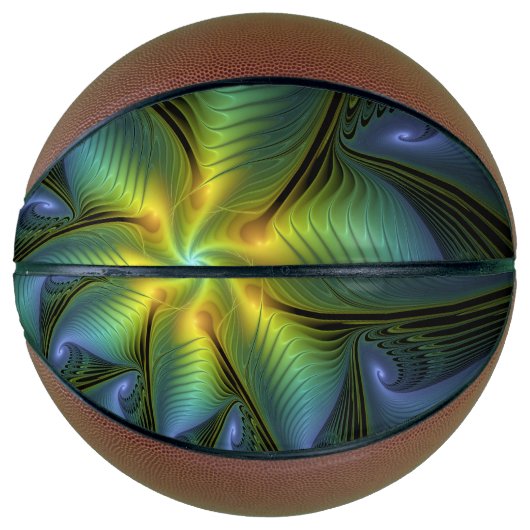 抽象芸術星、光沢のある青の緑の黄金のフラクタル・アート バスケットボール (正面)