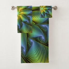 抽象芸術星、光沢のある青の緑の黄金のフラクタル・アート バスタオルセット