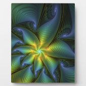 抽象芸術星、光沢のある青の緑の黄金のフラクタル・アート フォトプラーク (正面)