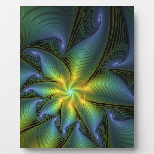 抽象芸術星、光沢のある青の緑の黄金のフラクタル・アート フォトプラーク (正面)