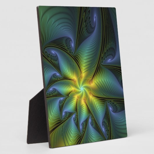 抽象芸術星、光沢のある青の緑の黄金のフラクタル・アート フォトプラーク (側面)