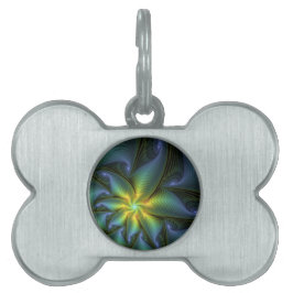 抽象芸術星、光沢のある青の緑の黄金のフラクタル・アート ペットネームタグ