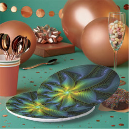 抽象芸術星、光沢のある青の緑の黄金のフラクタル・アート ペーパープレート