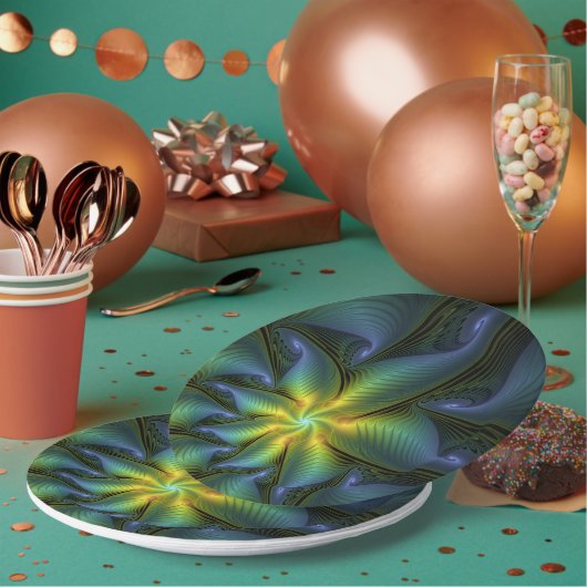 抽象芸術星、光沢のある青の緑の黄金のフラクタル・アート ペーパープレート (複数)