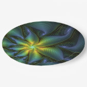 抽象芸術星、光沢のある青の緑の黄金のフラクタル・アート ペーパープレート (アングル)