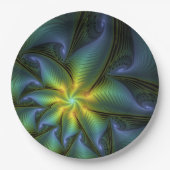抽象芸術星、光沢のある青の緑の黄金のフラクタル・アート ペーパープレート (正面)