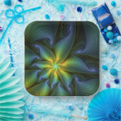 抽象芸術星、光沢のある青の緑の黄金のフラクタル・アート ペーパープレート (パーティー)