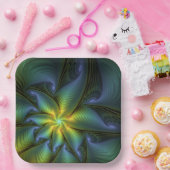 抽象芸術星、光沢のある青の緑の黄金のフラクタル・アート ペーパープレート (パーティー)