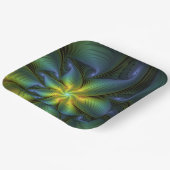 抽象芸術星、光沢のある青の緑の黄金のフラクタル・アート ペーパープレート (傾斜あり)