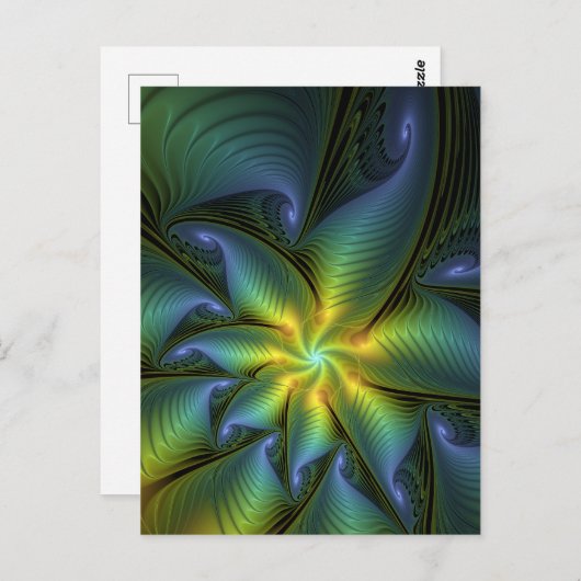 抽象芸術星、光沢のある青の緑の黄金のフラクタル・アート ポストカード (正面/裏面)