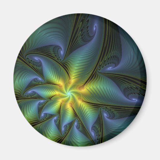 抽象芸術星、光沢のある青の緑の黄金のフラクタル・アート マグネット (正面)