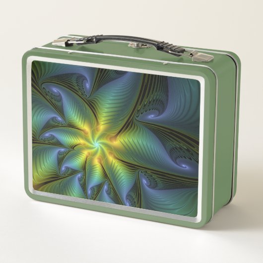 抽象芸術星、光沢のある青の緑の黄金のフラクタル・アート メタルランチボックス (裏面)
