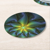 抽象芸術星、光沢のある青の緑の黄金のフラクタル・アート ラウンドペーパーコースター (アングル)