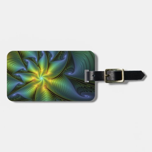 抽象芸術星、光沢のある青の緑の黄金のフラクタル・アート ラゲッジタグ (正面横)