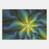 抽象芸術星、光沢のある青の緑の黄金のフラクタル・アート ラッピングペーパーシート (正面2)
