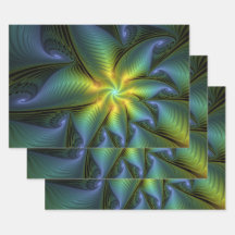 抽象芸術星、光沢のある青の緑の黄金のフラクタル・アート