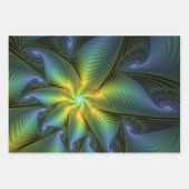 抽象芸術星、光沢のある青の緑の黄金のフラクタル・アート ラッピングペーパーシート (正面3)