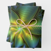 抽象芸術星、光沢のある青の緑の黄金のフラクタル・アート ラッピングペーパーシート (インサイチュ)