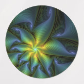 抽象芸術星、光沢のある青の緑の黄金のフラクタル・アート ラベル (デザイン1)