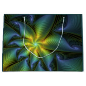 抽象芸術星、光沢のある青の緑の黄金のフラクタル・アート ラージペーパーバッグ (正面)
