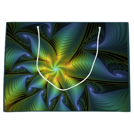 抽象芸術星、光沢のある青の緑の黄金のフラクタル・アート ラージペーパーバッグ (正面)