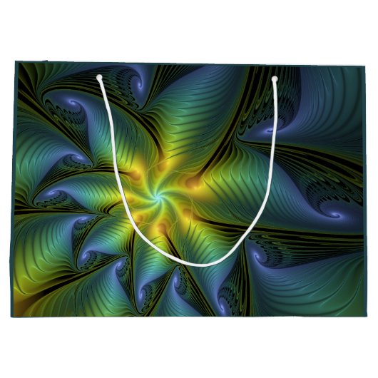 抽象芸術星、光沢のある青の緑の黄金のフラクタル・アート ラージペーパーバッグ (裏面)