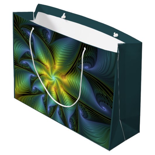 抽象芸術星、光沢のある青の緑の黄金のフラクタル・アート ラージペーパーバッグ (裏面アングル)