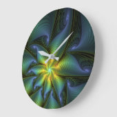 抽象芸術星、光沢のある青の緑の黄金のフラクタル・アート ラージ壁時計 (傾斜)