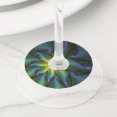 抽象芸術星、光沢のある青の緑の黄金のフラクタル・アート ワイングラスタグ (クローズアップ)