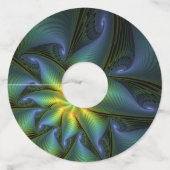 抽象芸術星、光沢のある青の緑の黄金のフラクタル・アート ワイングラスタグ (裏面)