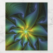 抽象芸術星、光沢のある青の緑の黄金のフラクタル・アート ワインラベル (シングルラベル)