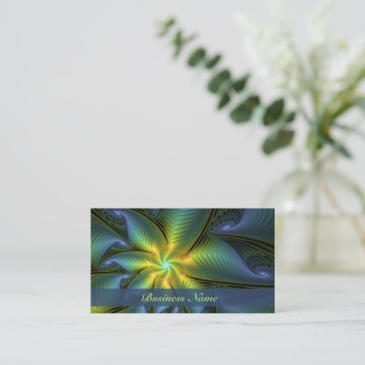 抽象芸術星、光沢のある青の緑の黄金のフラクタル・アート 名刺 (スタンド正面)