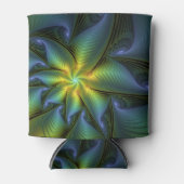 抽象芸術星、光沢のある青の緑の黄金のフラクタル・アート 缶クーラー (正面)
