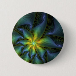 抽象芸術星、光沢のある青の緑の黄金のフラクタル・アート 缶バッジ