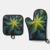 抽象芸術星、光沢のある青の緑の黄金のフラクタル・アート 鍋つかみ&鍋敷きセット (正面)