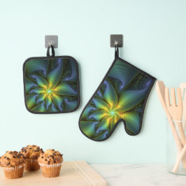 抽象芸術星、光沢のある青の緑の黄金のフラクタル・アート 鍋つかみ&鍋敷きセット