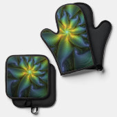 抽象芸術星、光沢のある青の緑の黄金のフラクタル・アート 鍋つかみ&鍋敷きセット (正面/裏面)