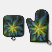 抽象芸術星、光沢のある青の緑の黄金のフラクタル・アート 鍋つかみ&鍋敷きセット (正面)