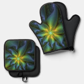 抽象芸術星、光沢のある青の緑の黄金のフラクタル・アート 鍋つかみ&鍋敷きセット (正面/裏面)